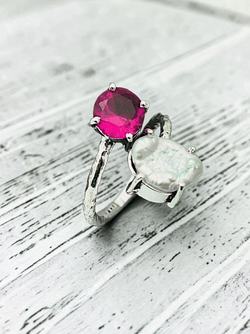 Garnet Biwa Pearl Gemstone Adjustable Ring Jewelry US Size-6.5